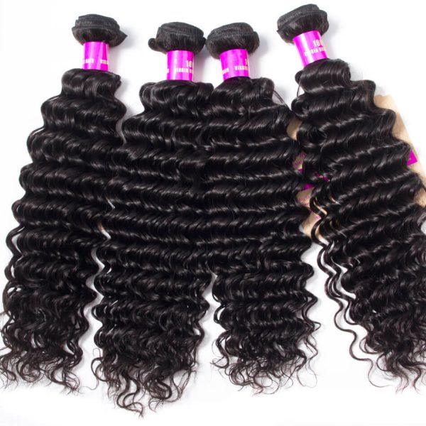 Deep Wave 3 Bundles With 5X5 HD Lace Closure Brazilian Virgin Human Hair Deals