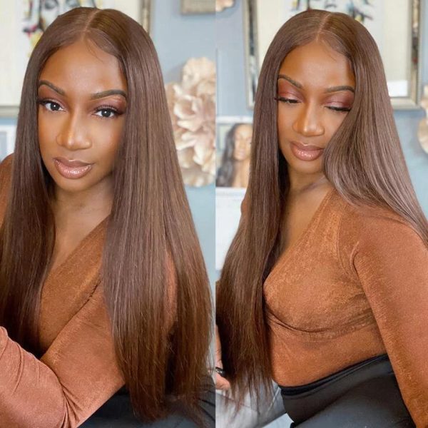 4x4 Transparent Lace Closure Wigs Color #4 Chestnut Brown Human Hair Wig Bleach knots With Baby Hair