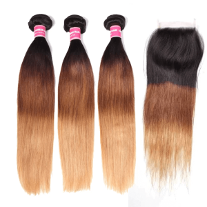 High Quality 12A Straight Hair Ombre 1B/4/27 3Bundles With Free Part Closure