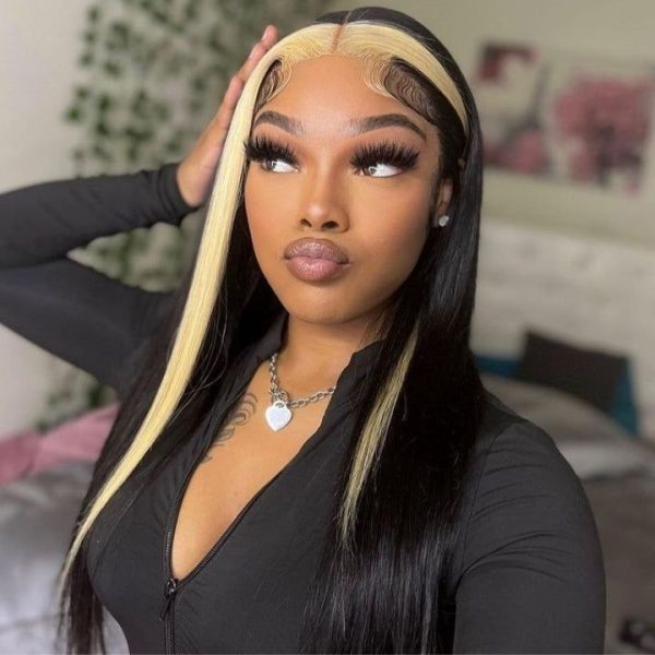 Skunk Stripe Highlight Black and Honey Blonde 613 Color 13x4 Transparent Lace Frontal Long Human Hair Wig