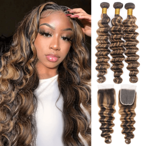 Piano Color #4/27 Deep Wave 3 Bundles With Swiss Lace Closure 12A Grade Brazilian Remy Human Hair