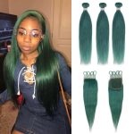 Human Hair 3 Bundles with Closure Straight Hair Weave Jade Green Color