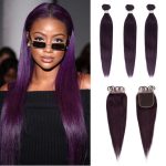 Human Hair 3 Bundles with Closure Straight Hair Weave Purple Color