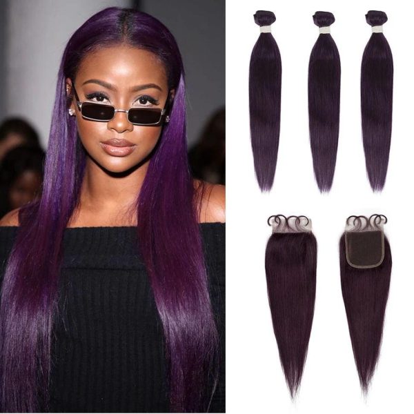 Human Hair 3 Bundles with Closure Straight Hair Weave Purple Color