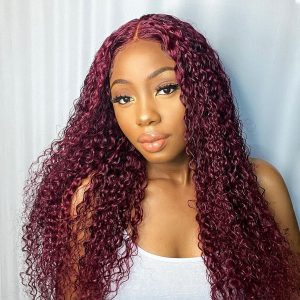 99J Color Burgundy Curly Hair HD Lace Front Wig 180% Density