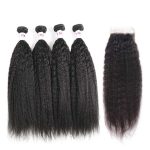 Yaki Straight Virgin Brazilian Hair Unprocessed 4 Bundles Human Hair With 4x4 Transparent Lace Closure