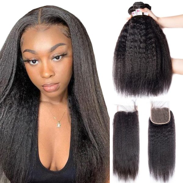 12A Grade Human Hair Yaki Straight 3 Bundles With Closure Brazilian Remy Human Hair