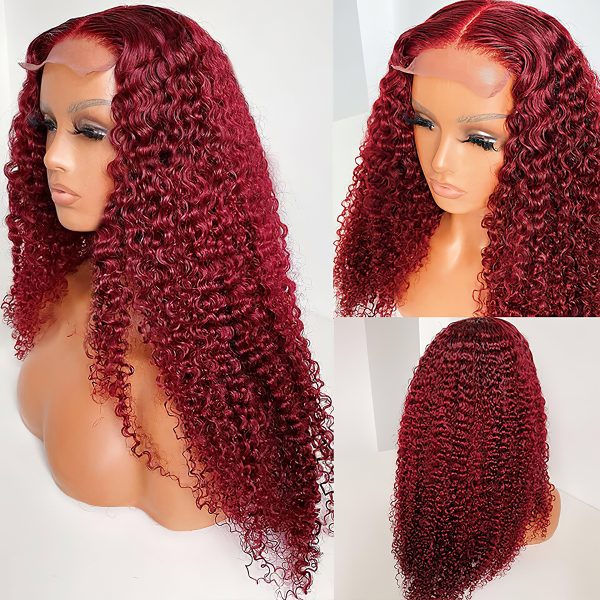 99J Color Burgundy Curly Hair HD Lace Front Wig 180% Density