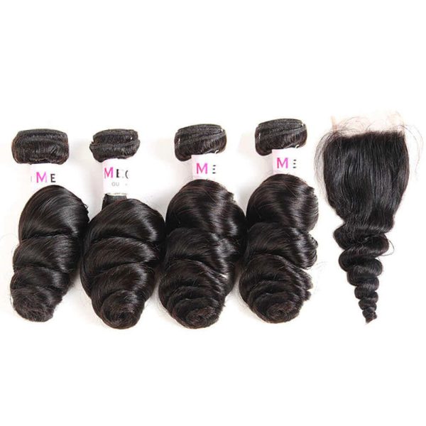 Loose Wave Hair 4 Bundles With 4x4 Transparent Lace Closure Free Shipping