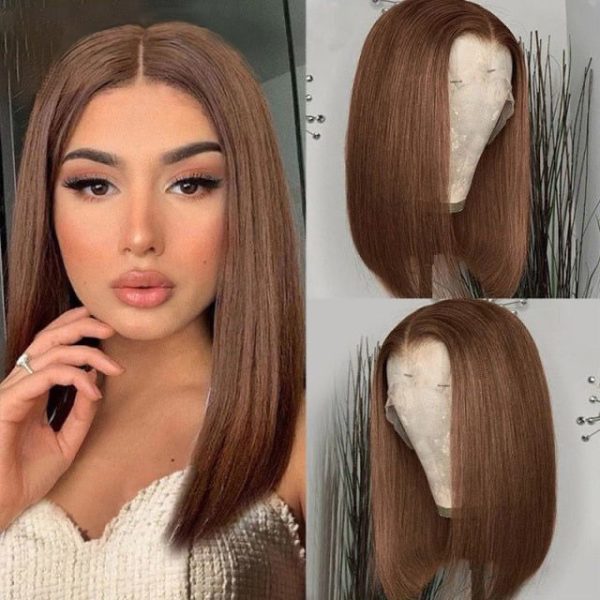 T PART LACE FRONT BOB WIG SILKY STRAIGHT Chestnut #4 Color 180% Density