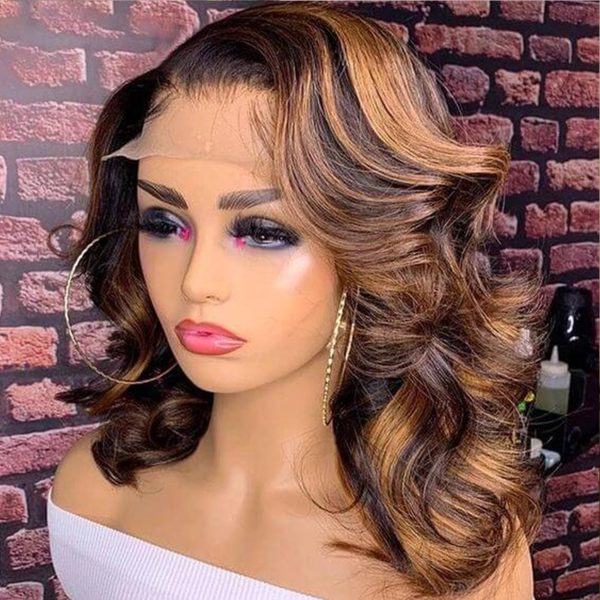 Body Wave Black Wig with Blonde Highlights Shoulder Length HD Lace Wig