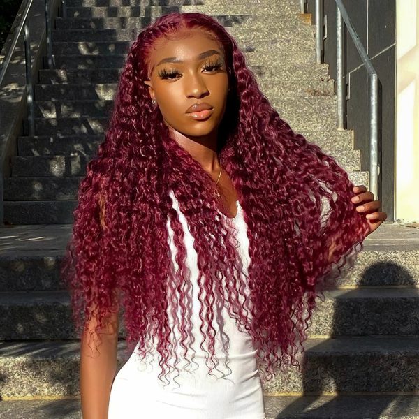 99J Color Burgundy Deep Wave Hair HD Lace Front Wig 180% Density