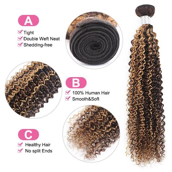 Honey Blonde Highlight Bundles With Closure Virgin Human Hair Highlight Curly Hair with 4x4 Transparent Lace Closure