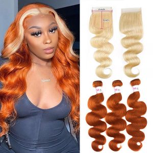 12A Ginger Hair Bundles With Closure Body Wave Bundles With Honey Blonde 4x4 Transparent Lace Closure