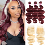 Burgundy Hair Bundles 12A With Honey Blonde 4x4 Transparent Lace Closure Body Wave Human Hair