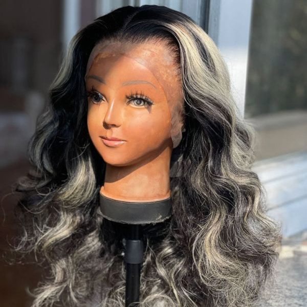 Platinum Blonde Highlights Straight Mixed Color Human Hair Wigs Long 32inch 13x4 Body Wave /Straight Lace Front Wig