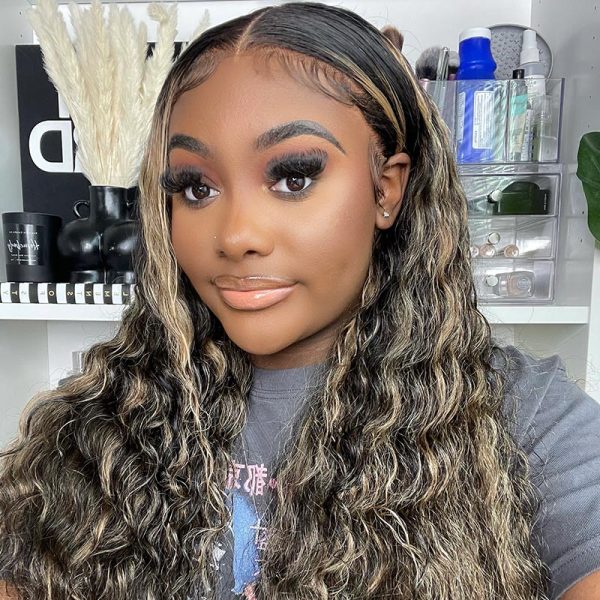 Water Wave 13x4 Transparent Lace Front Wigs Balayage Highlight Hair Pre Plucked Honey Blonde Brown Wigs