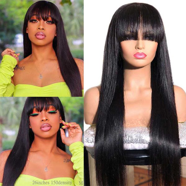 Glueless Straight Lace Human Hair Wigs With Bangs