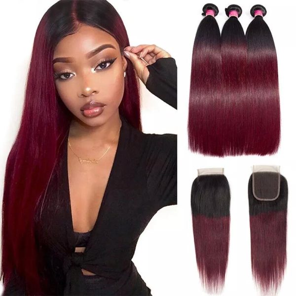 1b/99j Brazilian Human Hair Bundles with Free Part Closure Remy Human Hair Weaves Bundles with 4x4 Lace Closure