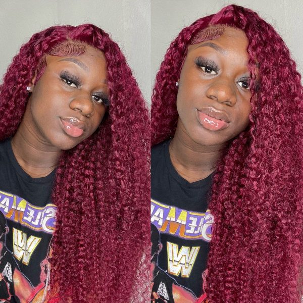 99J Color Burgundy Curly Hair HD Lace Front Wig 180% Density