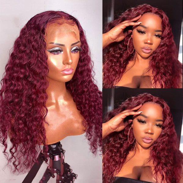 99J Color Burgundy Deep Wave Hair HD Lace Front Wig 180% Density