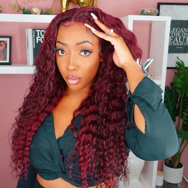 99J Color Burgundy Deep Wave Hair HD Lace Front Wig 180% Density