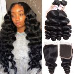 12A Grade Human Hair Loose Wave Bundles With Closure Brazilian Remy Human Hair 3/4Bundles With Swiss Lace Closure Natural Black