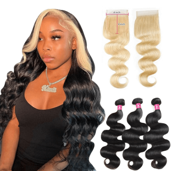 Body Wave Natural Black 12A Hair Bundles With 613 Honey Blonde 4x4 Transparent Lace Closure