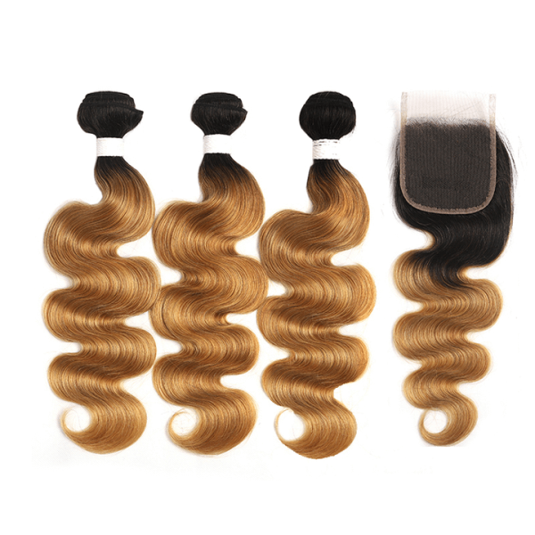 12A Body Wave Light Brown 1B/27 Human Hair 3Bundles With 4X4 Transparent Lace Closure