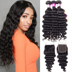 Loose Deep Wave Bundles With Closure 3 Bundles With 4x4 HD Lace Closure