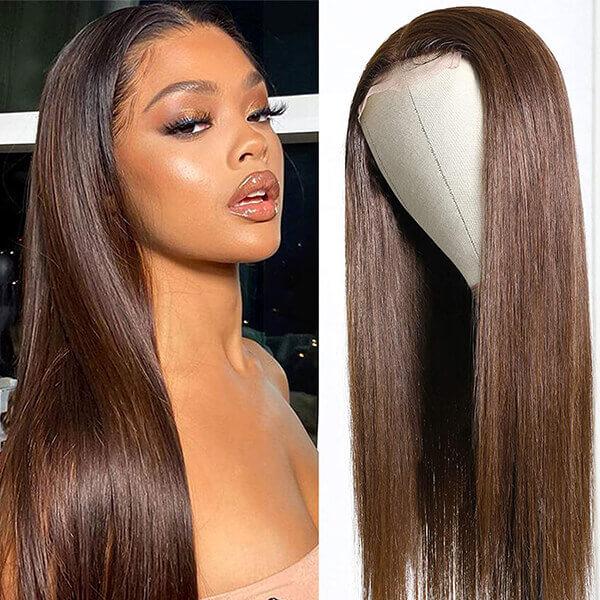 4x4 Transparent Lace Closure Wigs Color #4 Chestnut Brown Human Hair Wig Bleach knots With Baby Hair