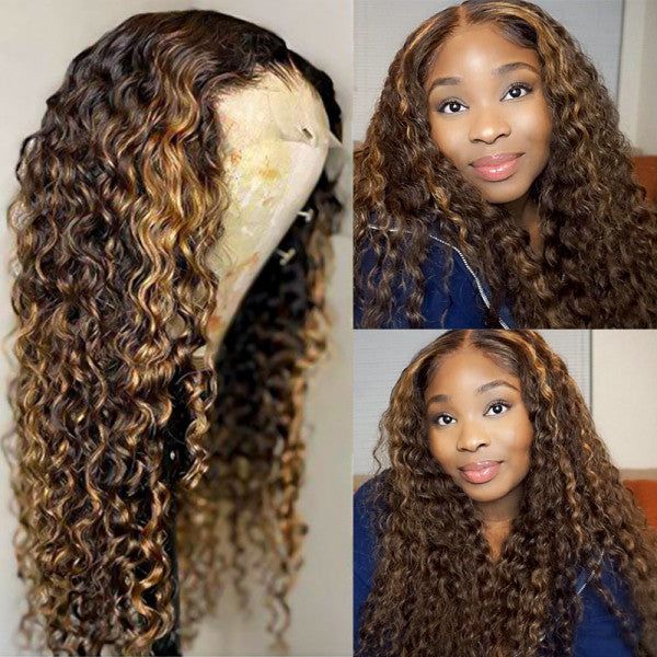 Deep Curly Balayage Highlight Honey Blonde Human Hair Wigs 13x4 Hd Transparent Lace Front Wigs