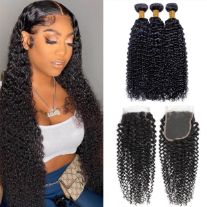 12A Grade Human Hair Jerry Curly Bundles With Closure Remy Human Hair 3/4Bundles With Swiss Lace Closure