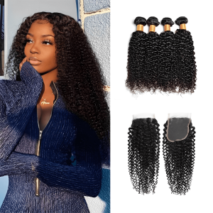 12A Grade Human Hair Kinky Curly Bundles With Closure Brazilian Remy Human Hair 3/4Bundles With Swiss Hd Lace Closure