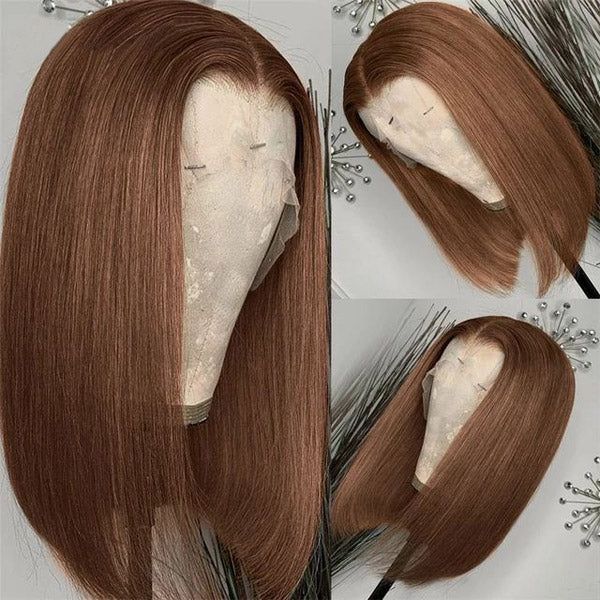 T PART LACE FRONT BOB WIG SILKY STRAIGHT Chestnut #4 Color 180% Density