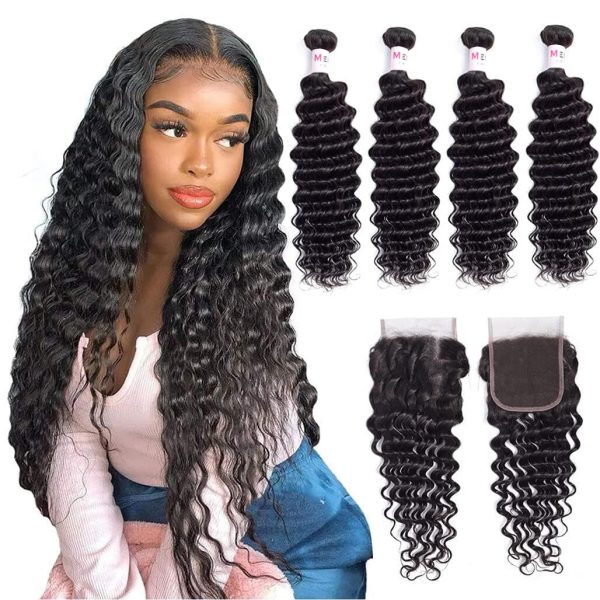 Deep Wave Hair 4 Bundles With 4x4 Transparent Lace Closure 12A Virgin Brazilian Hair