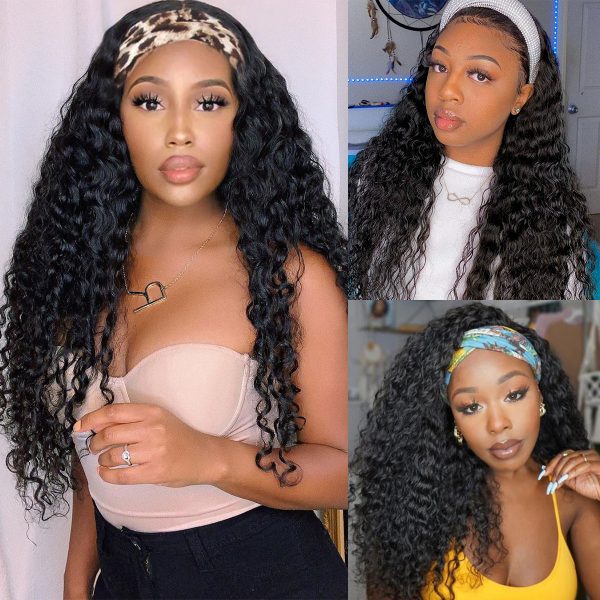 Headband Deep Wave Human Hair Wigs | 150 Density No Glue Silk Scarf