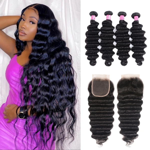 Buy 3 pcs Loose Deep Wave Get 1 Free Closure (Free Part) 100% Natural Human Hair Weaves Deal