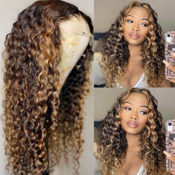 Deep Curly Balayage Highlight Honey Blonde Human Hair Wigs 13x4 Hd Transparent Lace Front Wigs