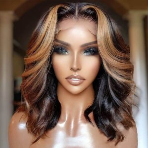 Body Wave Black Wig with Blonde Highlights Shoulder Length HD Lace Wig