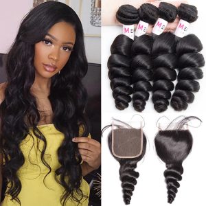 Loose Wave Hair 4 Bundles With 4x4 Transparent Lace Closure Free Shipping
