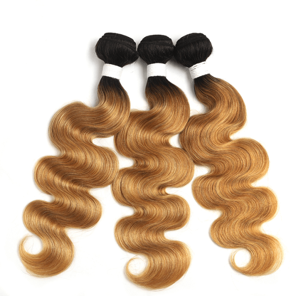 12A Body Wave Light Brown 1B/27 Human Hair 3Bundles With 4X4 Transparent Lace Closure