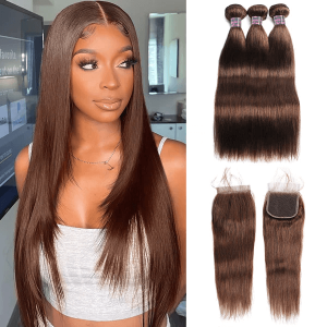 Dark Brown #4 Color 12A 3Bundles With Free Part 4x4 Human Hair Lace Closure Free Shipping