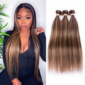 Highlight Ombre Brown Straight Hair 3 Bundles Remy Human Hair Extensions