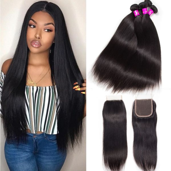 Straight Hair 4 Bundles With 4x4 HD Lace Closure High Quality Brazilian Virgin Hair With Closure