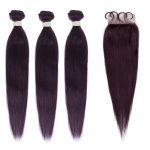 Human Hair 3 Bundles with Closure Straight Hair Weave Purple Color