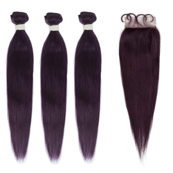 Human Hair 3 Bundles with Closure Straight Hair Weave Purple Color