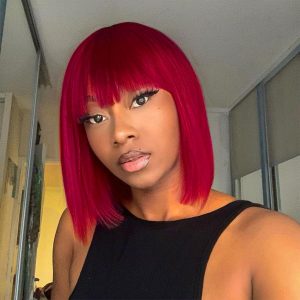 Straight Red Bob Wigs with Bangs | Full Machine Made Wig