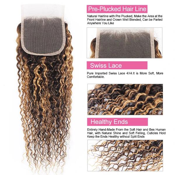 Honey Blonde Highlight Bundles With Closure Virgin Human Hair Highlight Curly Hair with 4x4 Transparent Lace Closure