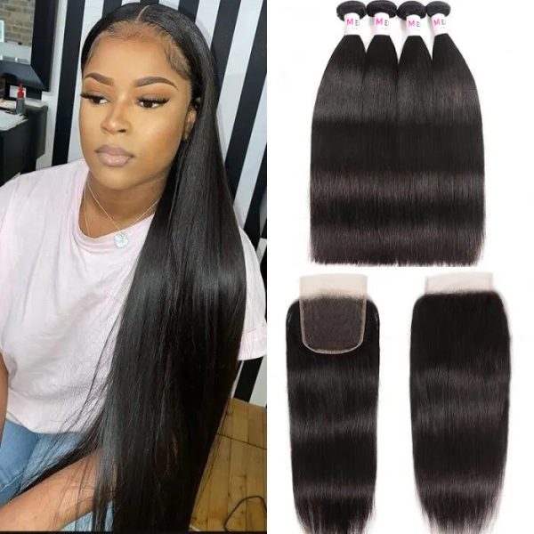 Top Quality 12A Grade Virgin Brazilian Hair Straight Human Hair 4 Bundles with 4x4 Transparent Lace Closure